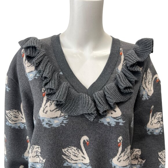 $945 Stella McCartney Gray Swan Intarsia Knit Ruffle Wool Sweater size IT 46/10 - Picture 3 of 8